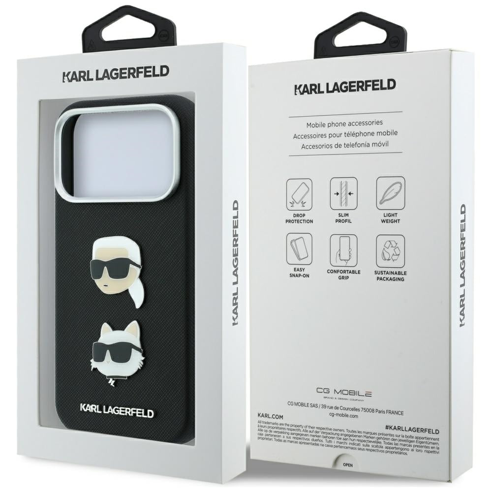 Coque pour Apple iPhone 18 Pro Max / 17 Pro Max, Karl Lagerfeld, Saffiano avec épingle tête Karl & Choupette et logo, noire