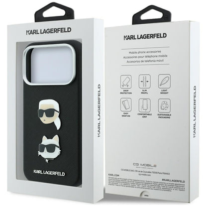 Coque pour Apple iPhone 18 Pro Max / 17 Pro Max, Karl Lagerfeld, Saffiano avec épingle tête Karl & Choupette et logo, noire