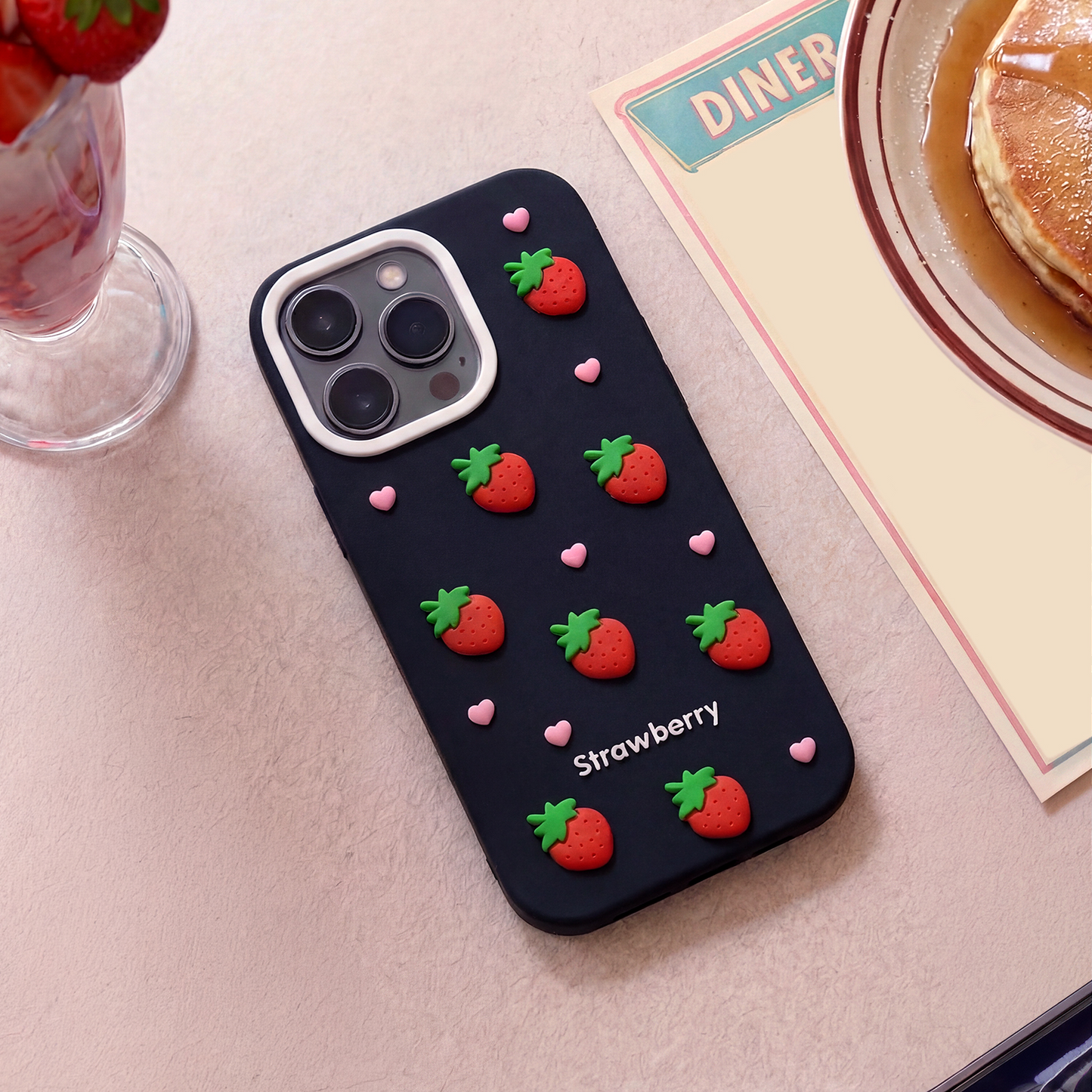 Coque pour Apple iPhone 17 / 16, OEM, Strawberry, Noire