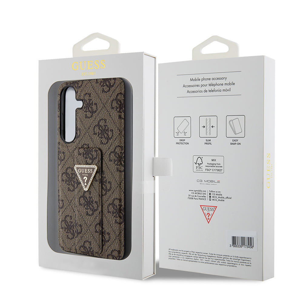 Hülle für Samsung Galaxy S24+ S926, Guess, Grip Stand 4G Triangle Strass, Braun