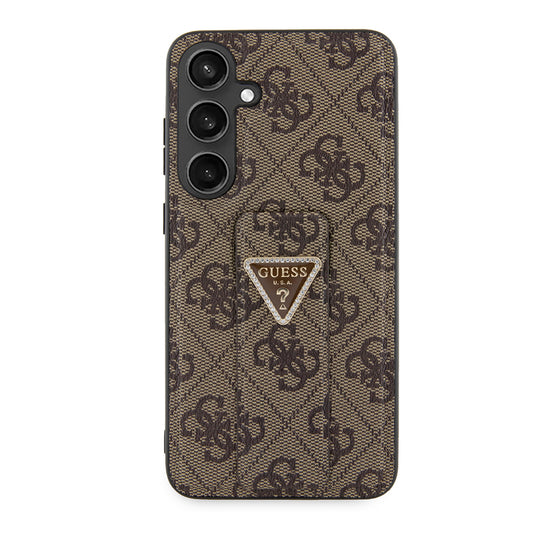 Hülle für Samsung Galaxy S24 S921, Guess, Grip Stand 4G Triangle Strass, Braun