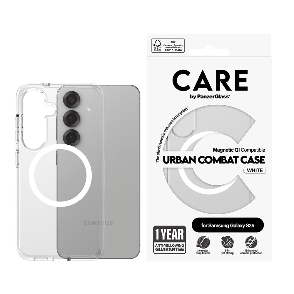 Étui pour Samsung Galaxy S25 S931, PanzerGlass, Care Urban Combat, Transparent Blanc