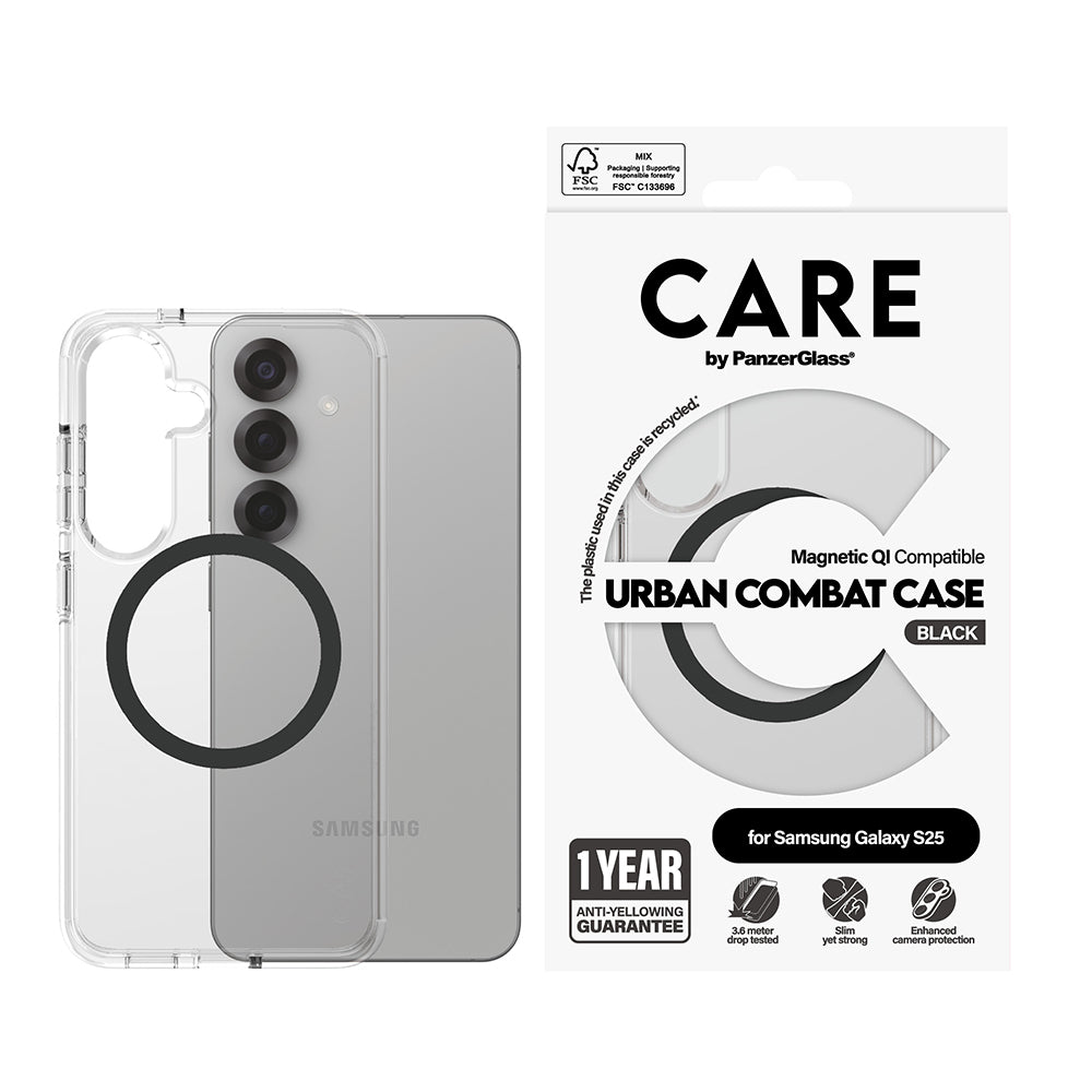 Étui pour Samsung Galaxy S25 S931, PanzerGlass, Care Urban Combat, Transparent Noir
