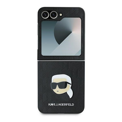 Hülle für Samsung Galaxy Z Flip7 FE F761 / Z Flip6 F741, Karl Lagerfeld, Saffiano Monogram Karl's Head Metal, Schwarz