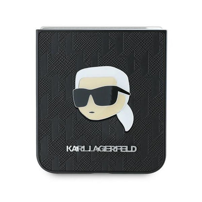 Hülle für Samsung Galaxy Z Flip7 FE F761 / Z Flip6 F741, Karl Lagerfeld, Saffiano Monogram Karl's Head Metal, Schwarz
