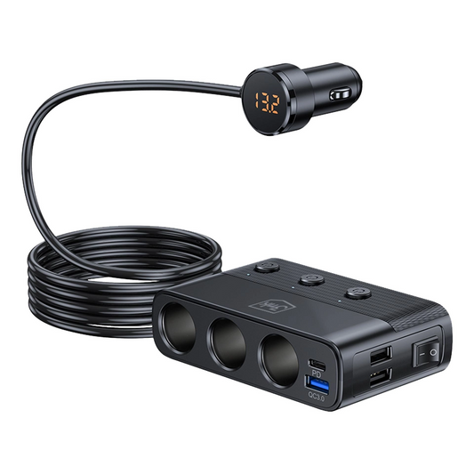 Auto-Ladegerät 3MK Power Splitter, 120W, 3A, 3 x USB-A - 1 x USB-C - 3 x Zigarettenanzünder-Verlängerung, Schwarz