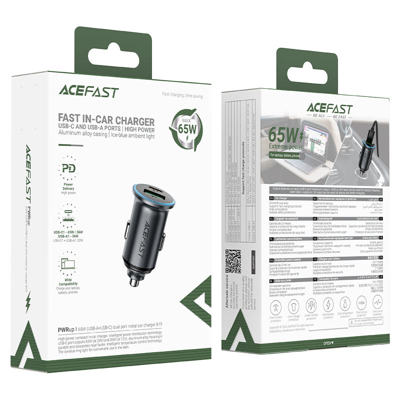 Auto-Ladegerät Acefast B15, 65W, 3.25A, 1 X USB-A - 1 x USB-C, Grau