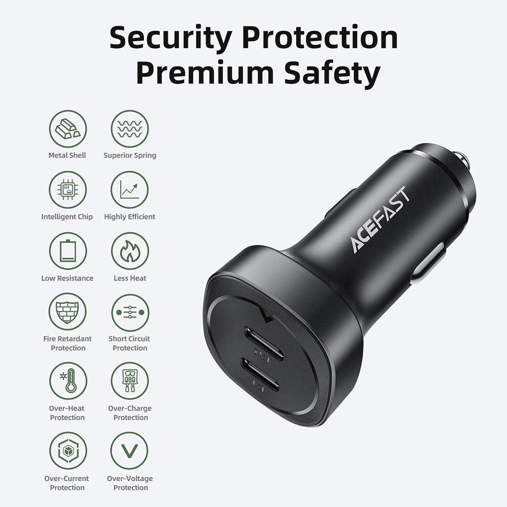 Auto-Ladegerät Acefast B2, 72W, 3A, 2 x USB-C, Schwarz