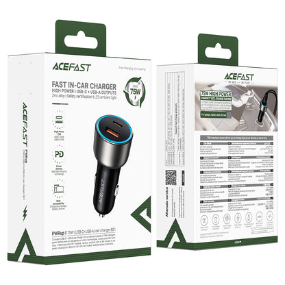 Chargeur Auto Acefast B21, 75W, 3A, 1 x USB-A - 1 x USB-C, Gris
