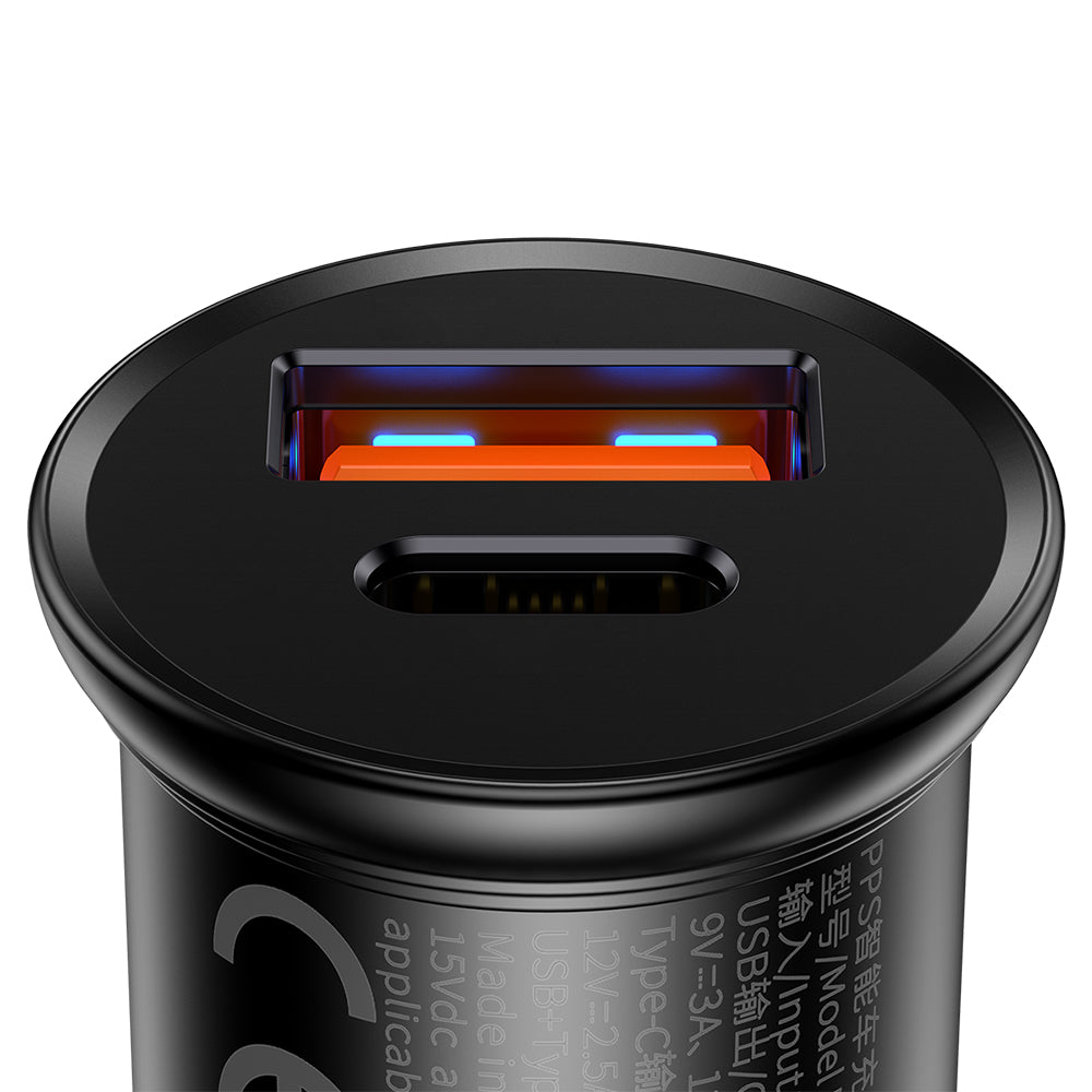 Incarcator Auto Baseus Circular Metal, 30W, 5A, 1 x USB-A - 1 x USB-C, Negru