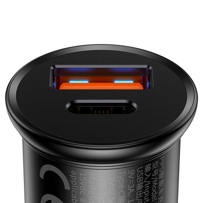 Incarcator Auto Baseus Circular Metal, 30W, 5A, 1 x USB-A - 1 x USB-C, Negru