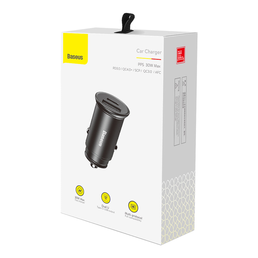Incarcator Auto Baseus Circular Metal, 30W, 5A, 1 x USB-A - 1 x USB-C, Negru