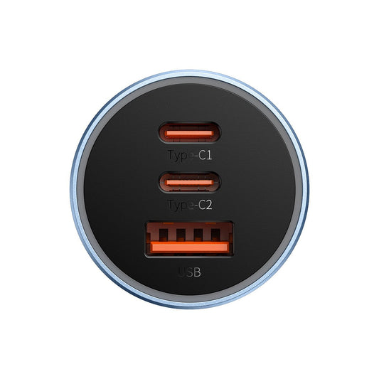 Chargeur de voiture Baseus Golden Contactor Pro, 65W, 3A, 1 x USB-A - 2 x USB-C, Bleu CGJP010003