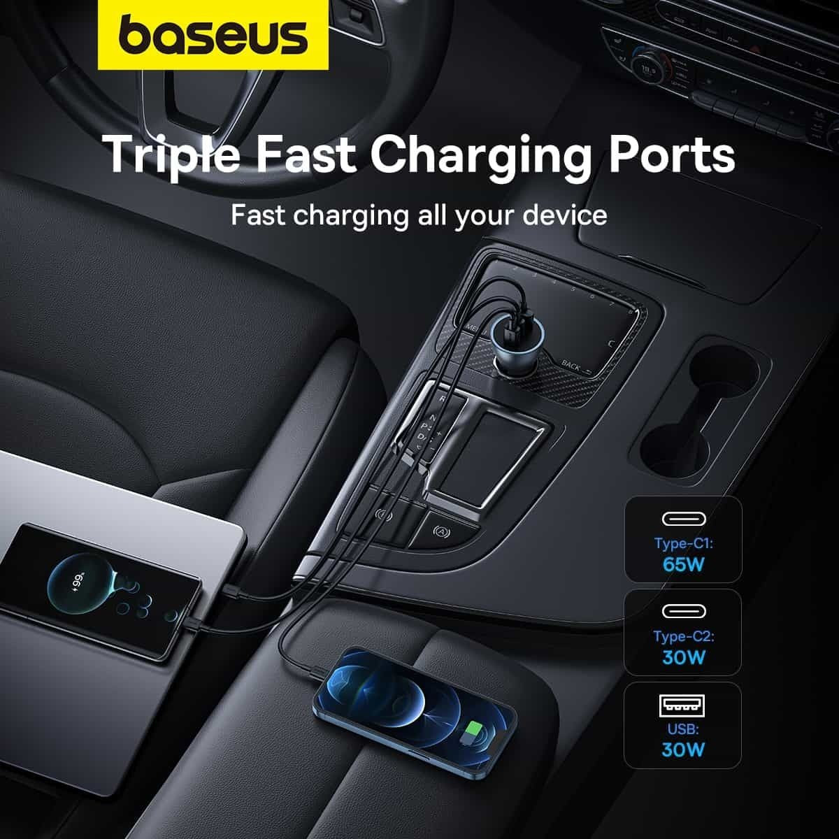 Baseus Golden Contactor Pro Car Charger, 65W, 3A, 1 x USB-A - 2 x USB-C, Gray C00035202841-00