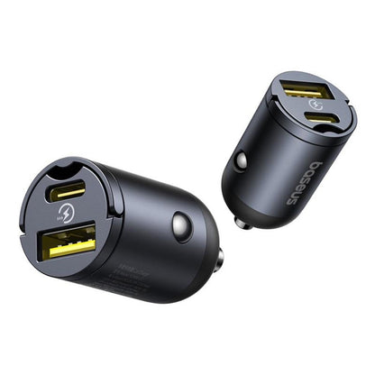 Chargeur de voiture Baseus Tiny Star, 30W, 3A, 1 x USB-A - 1 x USB-C, Noir C00035001121-02