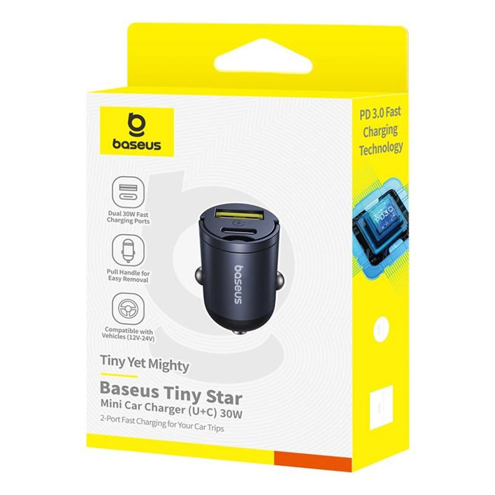 Chargeur de voiture Baseus Tiny Star, 30W, 3A, 1 x USB-A - 1 x USB-C, Noir C00035001121-02