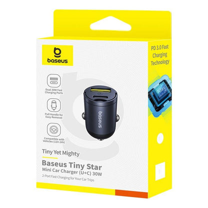 Chargeur de voiture Baseus Tiny Star, 30W, 3A, 1 x USB-A - 1 x USB-C, Noir C00035001121-02