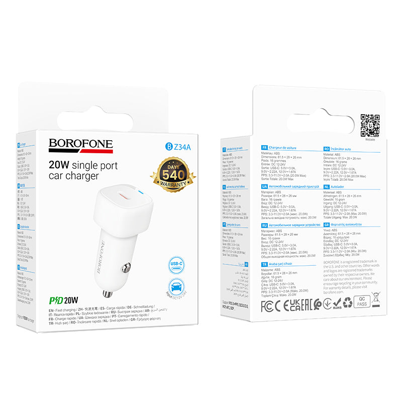 Chargeur de voiture Borofone BZ34A Cloud, 20W, 3A, 1 x USB-C, Blanc
