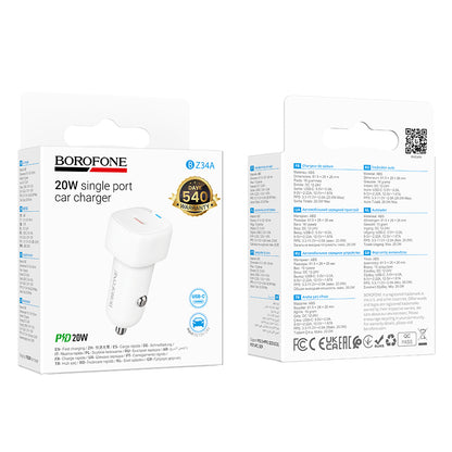 Chargeur de voiture Borofone BZ34A Cloud, 20W, 3A, 1 x USB-C, Blanc