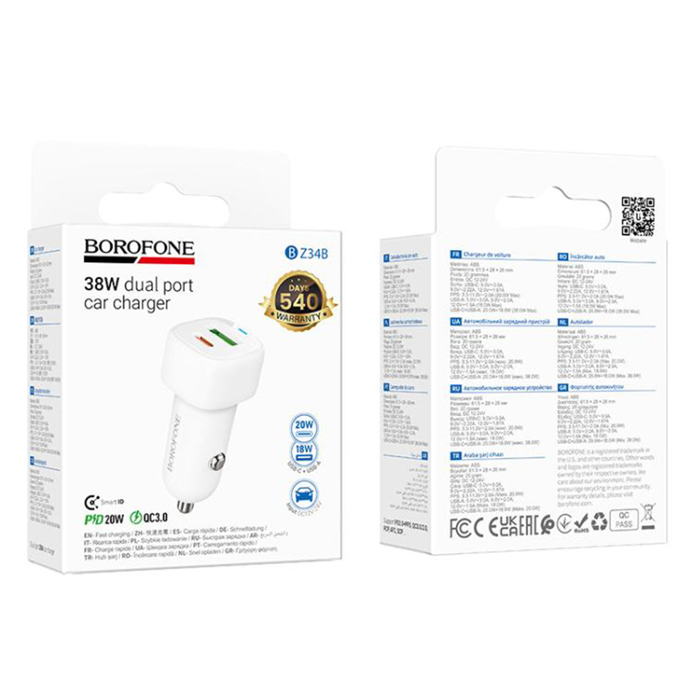 Auto-Ladegerät Borofone BZ34B Cloud, 20W, 3A, 1 x USB-A - 1 x USB-C, Weiß