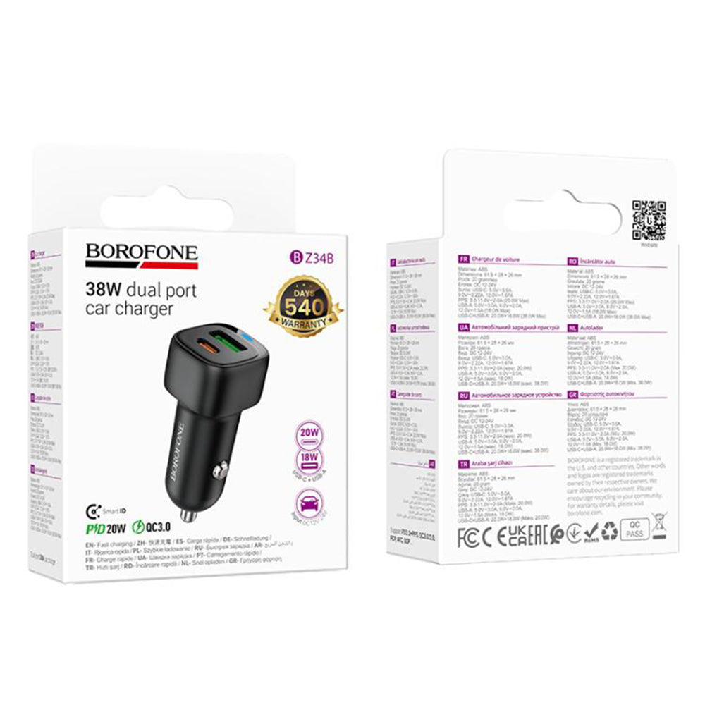 Auto-Ladegerät Borofone BZ34B Cloud, 38W, 3A, 1 x USB-A - 1 x USB-C, Schwarz