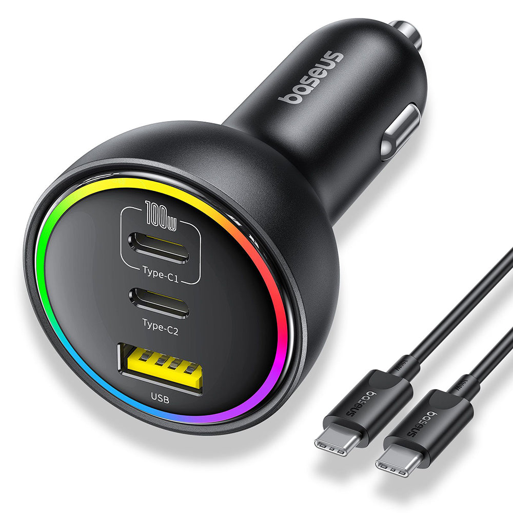 Chargeur de voiture avec câble USB-C Baseus, 152.5W, 5A, 1 x USB-A - 2 x USB-C, Noir C00036101111-00