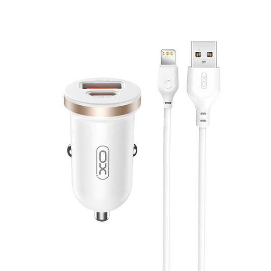 Chargeur de voiture avec câble Lightning XO Design CC56, 30W, 3A, 1 x USB-A - 1 x USB-C, Blanc