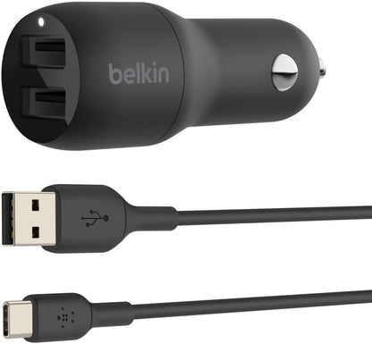 Chargeur Auto Avec Câble USB-C Belkin BoostCharge Dual, 24W, 2.4A, 2 x USB-A, Noir CCE001bt1MBK