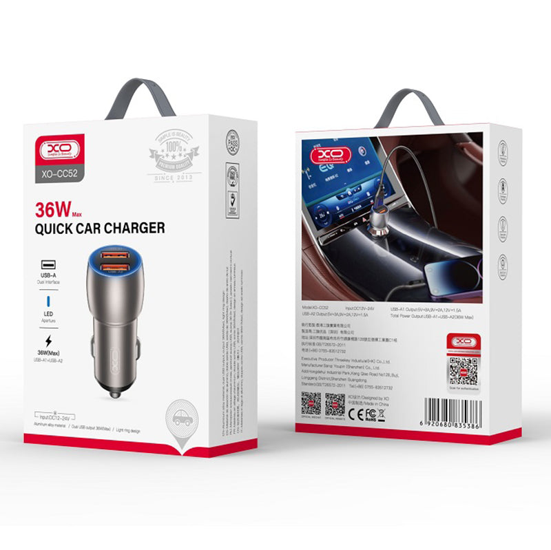 Autoladegerät mit USB-C Kabel XO Design CC52, 36W, 3A, 2 x USB-A, Grau 