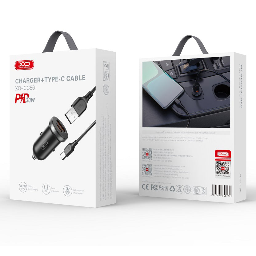 Chargeur de voiture avec câble USB-C XO Design CC56, 30W, 3A, 1 x USB-A - 1 x USB-C, Noir
