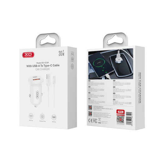 Chargeur de voiture avec câble USB-C XO Design CC69, 30W, 3A, 1 x USB-A - 1 x USB-C, Blanc