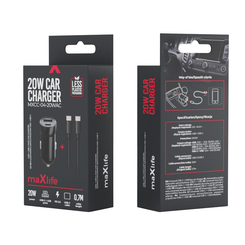 Auto-Ladegerät mit USB-C Kabel MaXlife MXCC-04, 20W, 3A, 1 x USB-A - 1 x USB-C, Schwarz