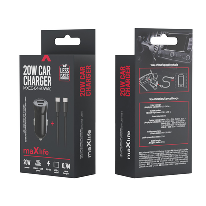 Auto-Ladegerät mit USB-C Kabel MaXlife MXCC-04, 20W, 3A, 1 x USB-A - 1 x USB-C, Schwarz
