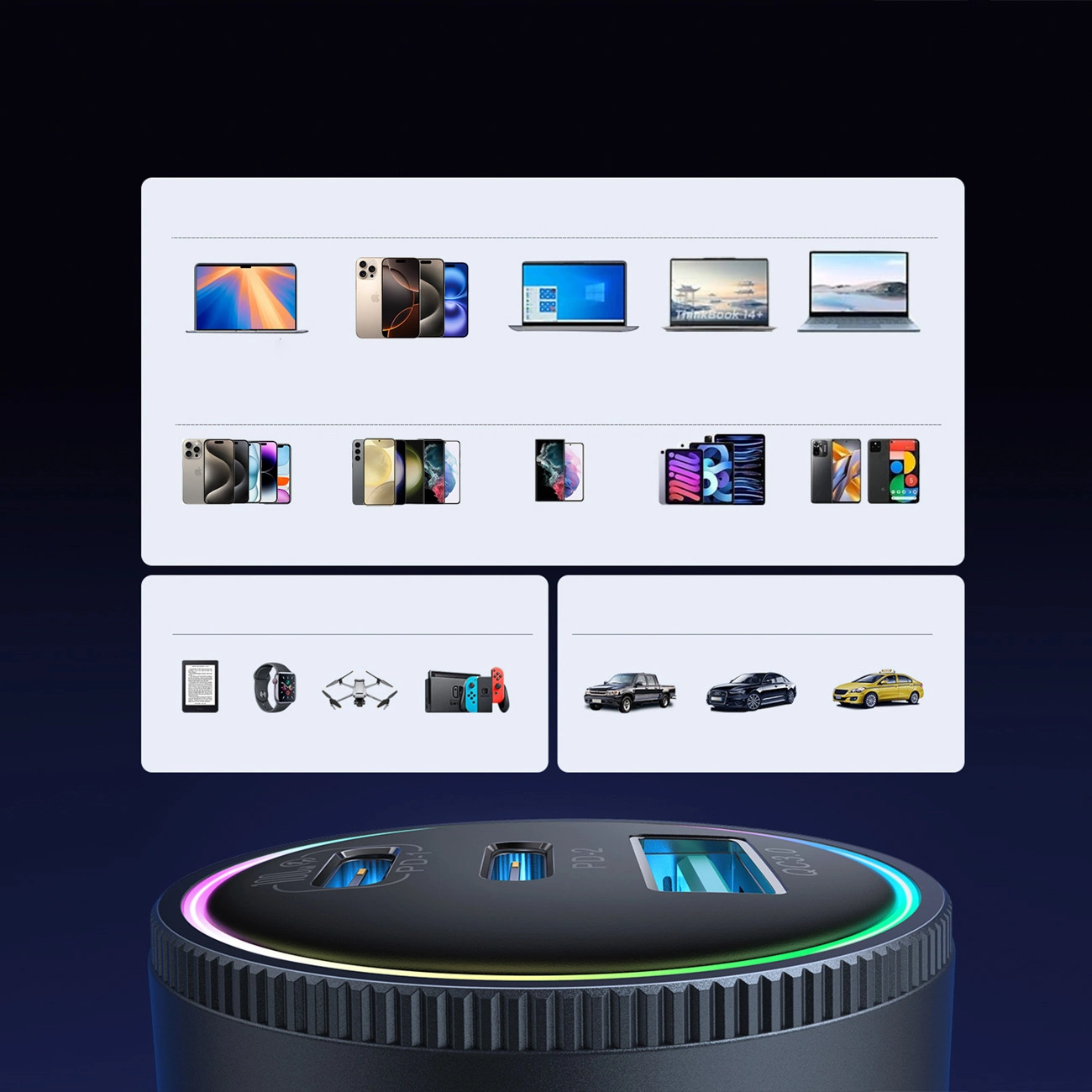 KFZ-Ladegerät mit USB-C Kabel Joyroom JR-CCN07, 145W, 5A, 1 x USB-A - 2 x USB-C, Grau