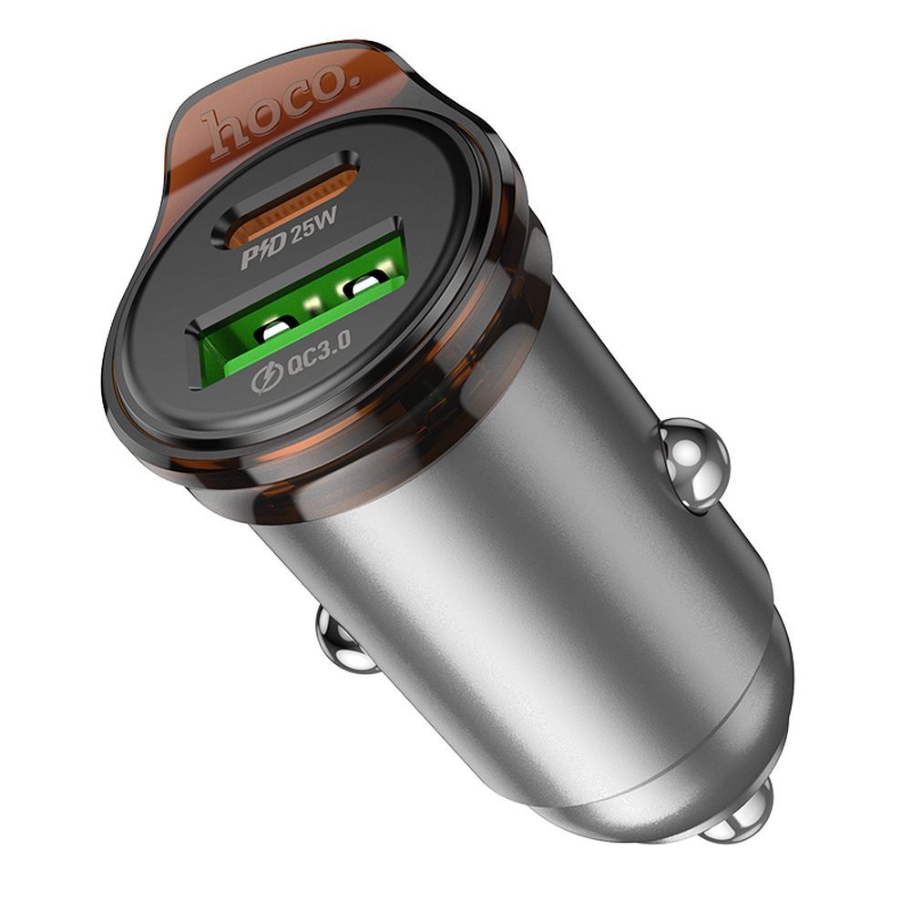 Chargeur de voiture avec câble Lightning HOCO NZ16A, 43W, 3A, 1 x USB-A - 1 x USB-C, Gris