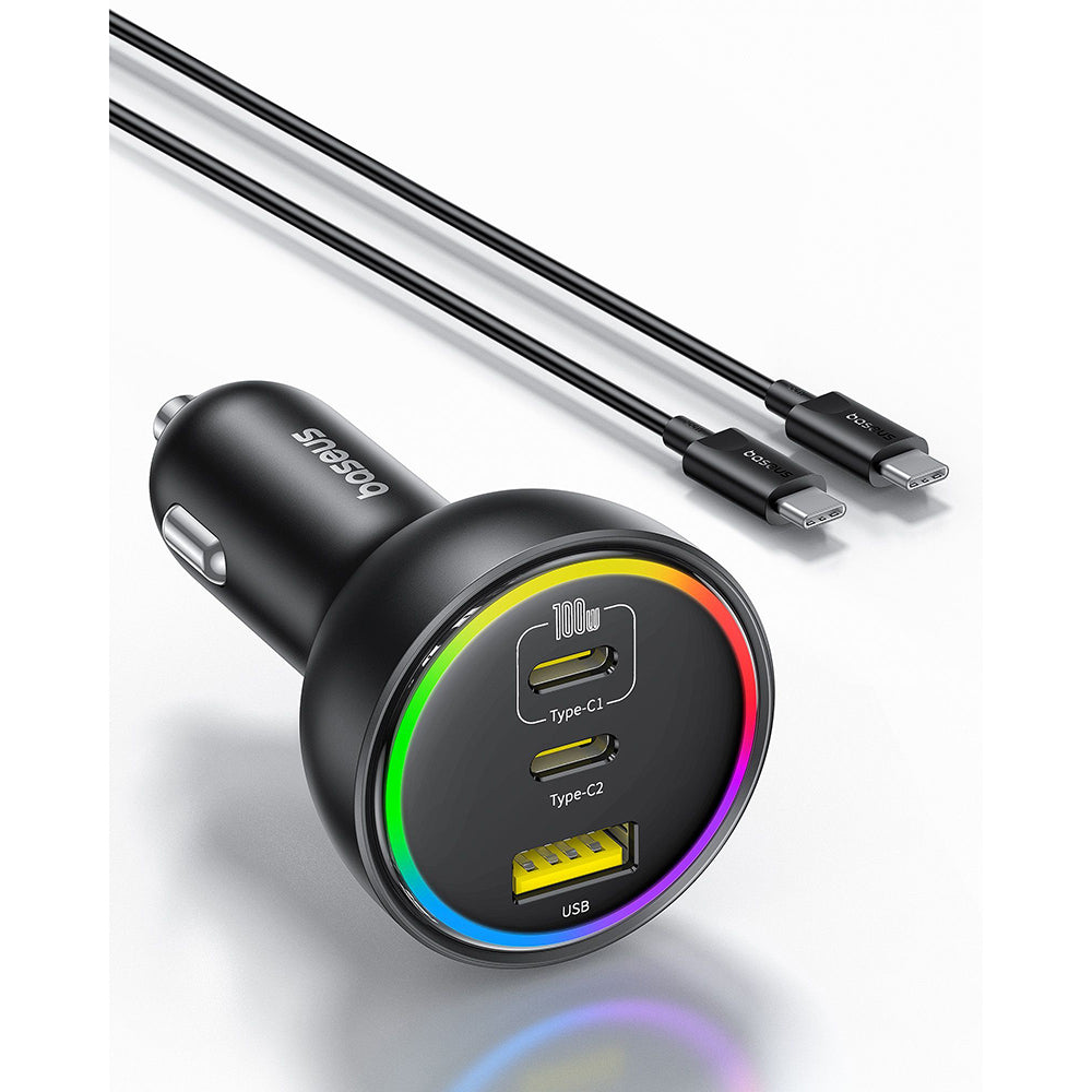 Chargeur de voiture avec câble USB-C Baseus, 152.5W, 5A, 1 x USB-A - 2 x USB-C, Noir C00036101111-00