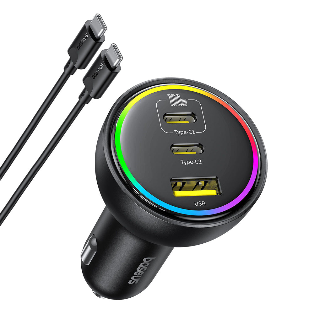 Chargeur de voiture avec câble USB-C Baseus, 152.5W, 5A, 1 x USB-A - 2 x USB-C, Noir C00036101111-00