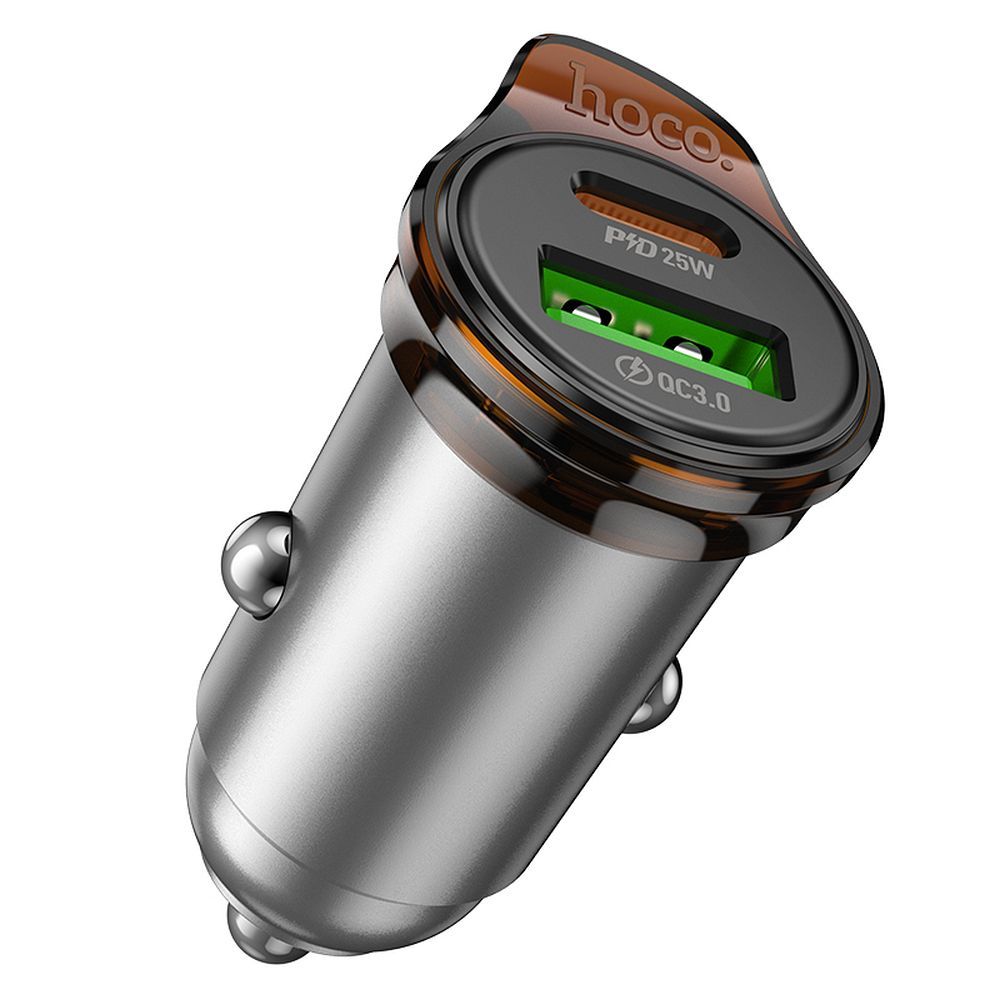 Chargeur de voiture avec câble Lightning HOCO NZ16A, 43W, 3A, 1 x USB-A - 1 x USB-C, Gris