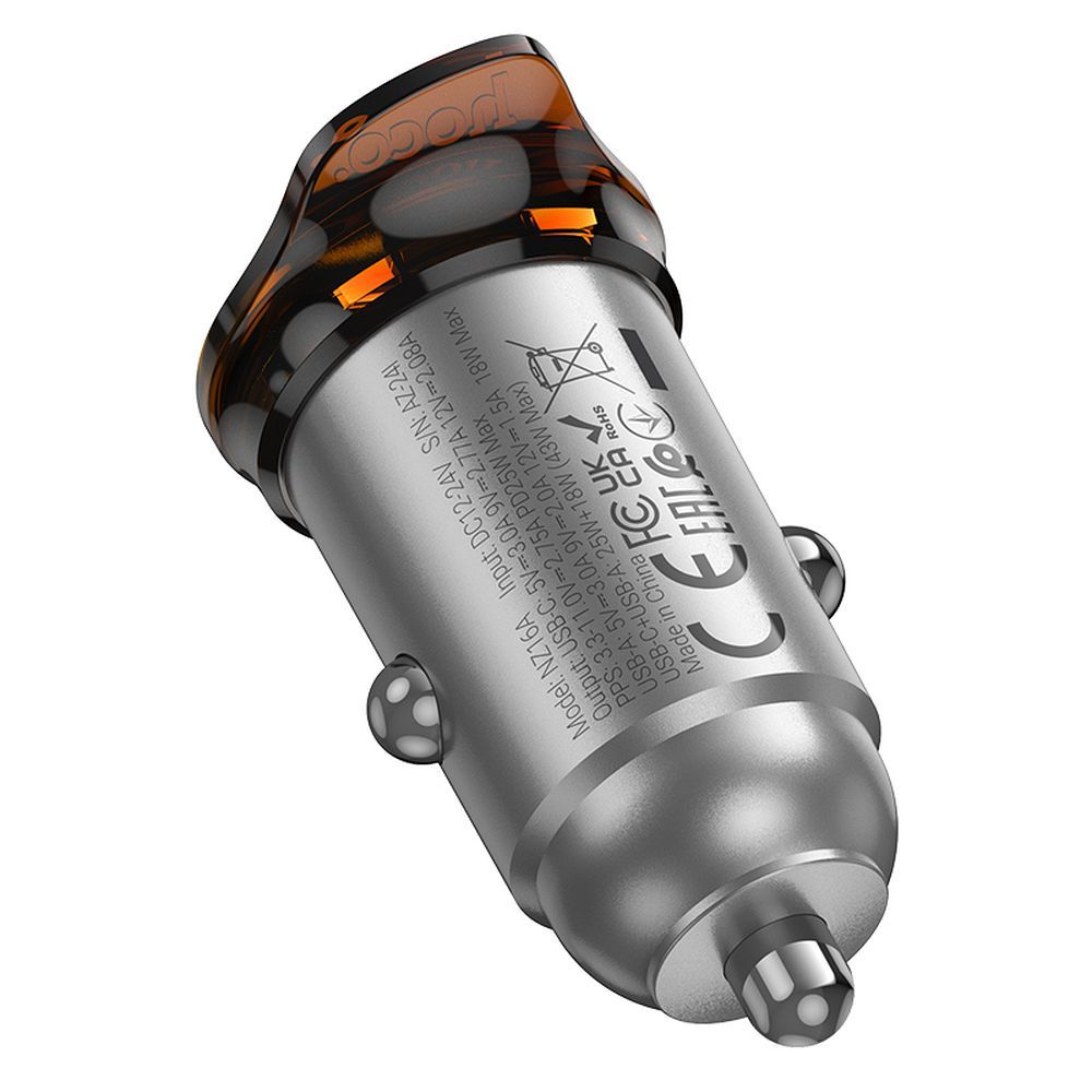 Chargeur de voiture avec câble Lightning HOCO NZ16A, 43W, 3A, 1 x USB-A - 1 x USB-C, Gris