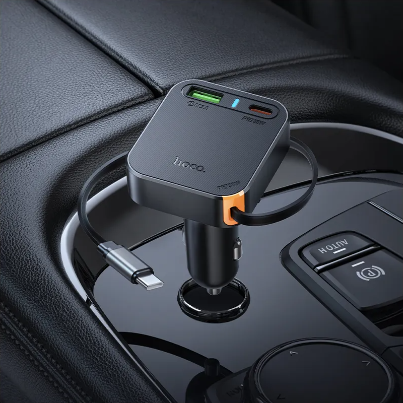 Chargeur de voiture avec câble USB-C HOCO NZ18, 65W, 3A, 1 x USB-A - 1 x USB-C, Noir