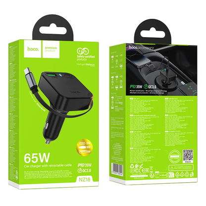 Chargeur de voiture avec câble USB-C HOCO NZ18, 65W, 3A, 1 x USB-A - 1 x USB-C, Noir