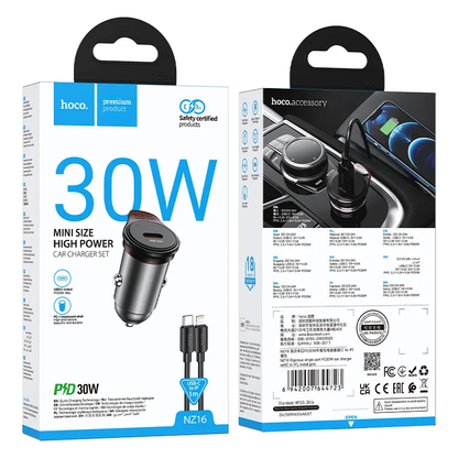 Auto-Ladegerät mit Lightning-Kabel HOCO NZ16, 30W, 3A, 1 x USB-C, Grau