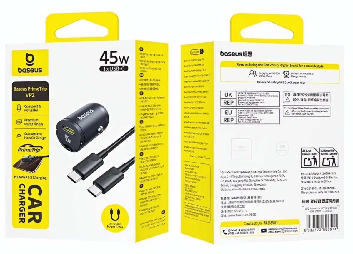 Chargeur de voiture avec câble USB-C Baseus PrimeTrip VP2, 45W, 3A, 1 x USB-C, Noir C0206800