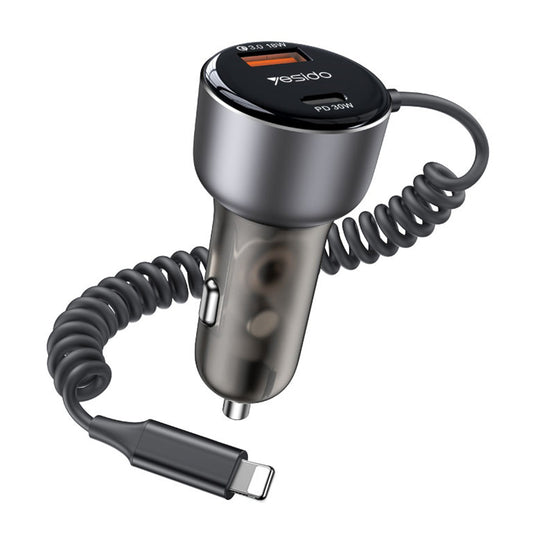 Chargeur de voiture avec câble Lightning Yesido Y57, 50W, 3A, 1 x USB-A - 1 x USB-C, Noir