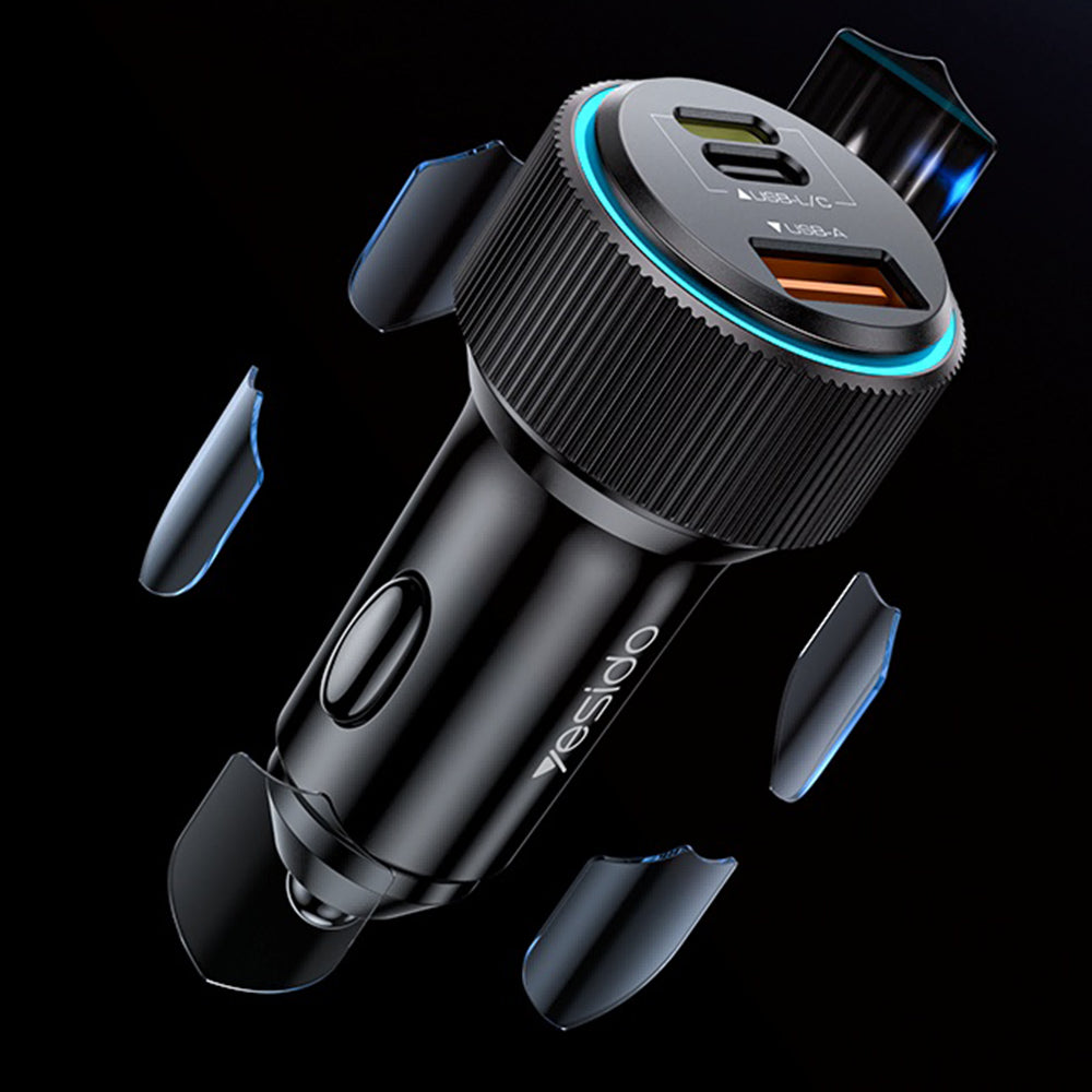 Chargeur de voiture avec câble Lightning Yesido Y60, 38W, 3A, 1 x USB-A - 2 x USB-C, Noir