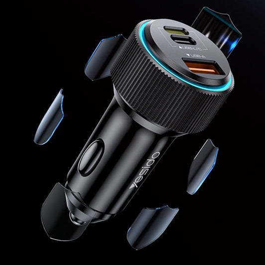 Chargeur de voiture avec câble Lightning Yesido Y60, 38W, 3A, 1 x USB-A - 2 x USB-C, Noir