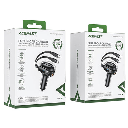 Chargeur de voiture avec câble USB-C Acefast B13, 53W, 3A, 1 x USB-A, Noir