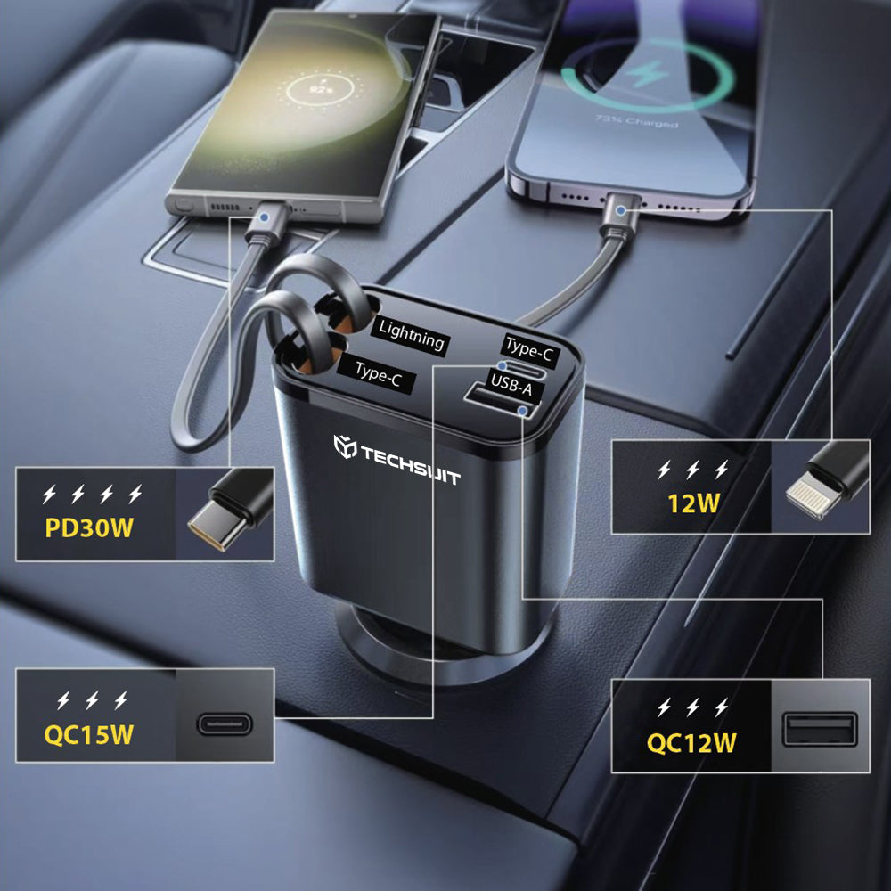 Auto-Ladegerät mit USB-C / Lightning-Kabel Techsuit C1 NanoVoltX, 69W, 3A, 1 x USB-A - 1 x USB-C, Grau