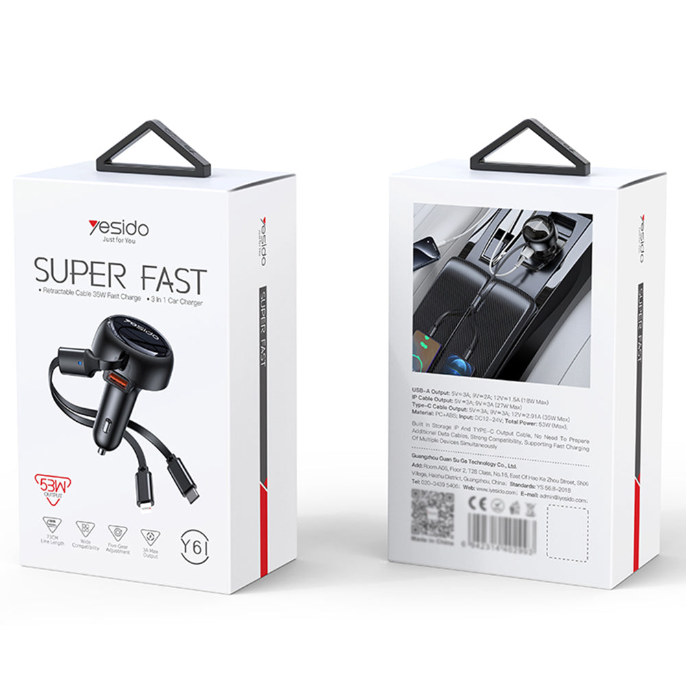 Auto-Ladegerät mit USB-C / Lightning-Kabel Yesido Y61, 53W, 3A, 1 x USB-A, Schwarz