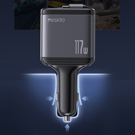 Auto-Ladegerät mit USB-C / Lightning Kabel Yesido Y63 Display, 117W, 3A, 1 x USB-A - 1 x USB-C, Grau